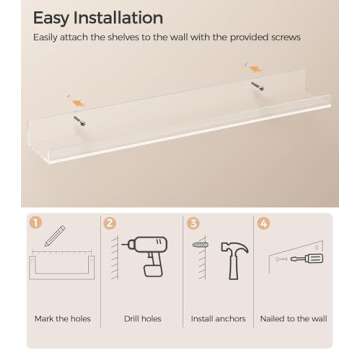 Famyards 24 inch Clear Acrylic Floating Shelves Wall, Bookshelf for Kids, Magazine Rack, Picture Ledge Shelf Storage of Books,Picture, Vinyl Records and Small Ornaments on Wall, Pack of 2