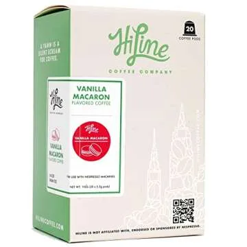 HiLine Espresso Coffee Pods, Vanilla Macaron Flavored Coffee, 20 Count (Pack of 1), Single Cup Espre...