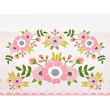 Sparkle and Bash Pink Floral Plastic Tablecloth for Wedding (54 x 108 in, 3 Pack)