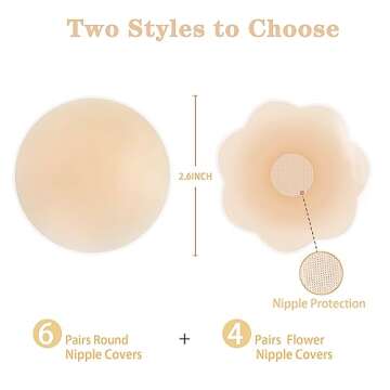 Nunibum 10 Pairs Nipple Covers for Women, Silicone Nipple Pasties Sticky Invisible, Reusable Waterproof Adhesive Breast Petals Beige