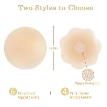 Nunibum 10 Pairs Nipple Covers for Women, Silicone Nipple Pasties Sticky Invisible, Reusable Waterproof Adhesive Breast Petals Beige