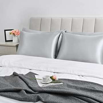 Satin Pillowcase for Hair and Skin, Set of 2 Silver Grey Silk Pillowcase Queen Satin Pillowcase with Envelope Closure(Silver Grey,20x30 inches)