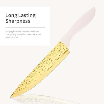 Kitchen Knife Set Non Stick Knives Set with Block Cutlery Knife Block Sets, Serrated Steak Knife, Scissors and Sharpener, 15Pcs Stainless Steel Chef Sharp Quality with Gold Blade for Home & Pro Use