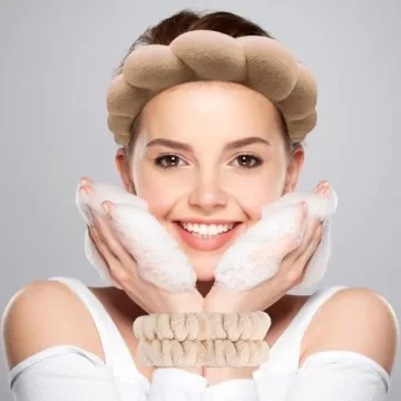Zkptops Spa Headband for Washing Face Wristband Set Sponge Makeup Skincare Terry Cloth Bubble Soft Get Ready Hairband for Women Girl Puffy Padded Headwear Non Slip Thick Hair Accessory(Brown-2)