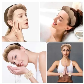 Zkptops Spa Headband for Washing Face Wristband Set Sponge Makeup Skincare Terry Cloth Bubble Soft Get Ready Hairband for Women Girl Puffy Padded Headwear Non Slip Thick Hair Accessory(Brown-2)