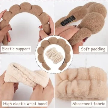 Zkptops Spa Headband for Washing Face Wristband Set Sponge Makeup Skincare Terry Cloth Bubble Soft Get Ready Hairband for Women Girl Puffy Padded Headwear Non Slip Thick Hair Accessory(Brown-2)