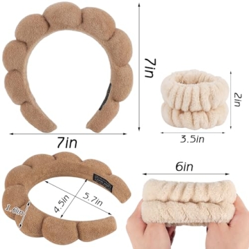 Zkptops Spa Headband for Washing Face Wristband Set Sponge Makeup Skincare Terry Cloth Bubble Soft Get Ready Hairband for Women Girl Puffy Padded Headwear Non Slip Thick Hair Accessory(Brown-2)