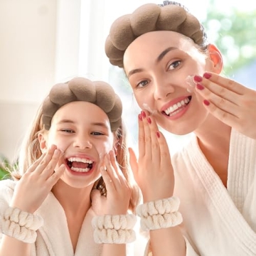 Zkptops Spa Headband for Washing Face Wristband Set Sponge Makeup Skincare Terry Cloth Bubble Soft Get Ready Hairband for Women Girl Puffy Padded Headwear Non Slip Thick Hair Accessory(Brown-2)