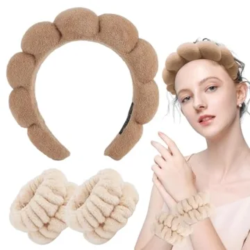 Zkptops Spa Headband for Washing Face Wristband Set Sponge Makeup Skincare Terry Cloth Bubble Soft Get Ready Hairband for Women Girl Puffy Padded Headwear Non Slip Thick Hair Accessory(Brown-2)