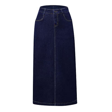 Women's Midi Jean Skirt - High Rise Straight Long Denim Skirt for Ladies - Dark Blue Stretchy Jean S...