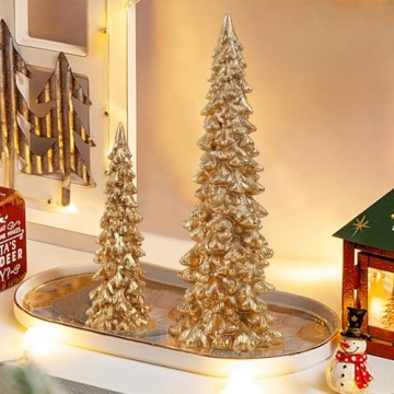 Juegoal Christmas Tree Table Decorations Set of 2, 9.5" Golden Resin Xmas Pine Trees, Vintage Tablet...