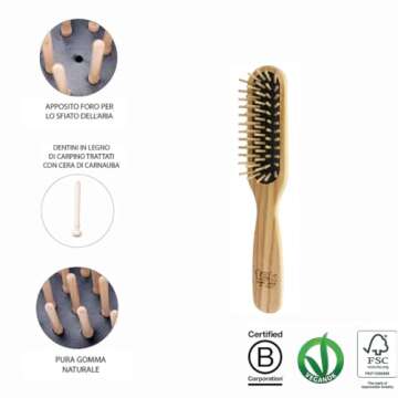 TEK - Rectangular Brush with Short Tooth in Ash Wood Handmade in Italy, for Short Hair - 22 x 4 cm