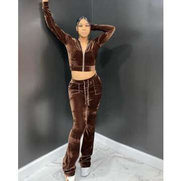 Womens 2 Piece Velour Hoodie Jogger Tracksuit Two Piece Outfits for Women, Long Sleeve Full-Zip Up Velvet Crop Tops Jacket Flared Pants Fall Lounge Matching Sets Sportswear Jogging Sweatsuit Pockets