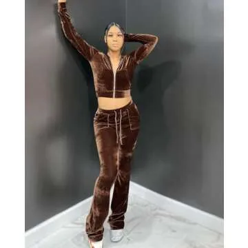 Womens 2 Piece Velour Hoodie Jogger Tracksuit Two Piece Outfits for Women, Long Sleeve Full-Zip Up Velvet Crop Tops Jacket Flared Pants Fall Lounge Matching Sets Sportswear Jogging Sweatsuit Pockets