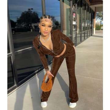 Womens 2 Piece Velour Hoodie Jogger Tracksuit Two Piece Outfits for Women, Long Sleeve Full-Zip Up Velvet Crop Tops Jacket Flared Pants Fall Lounge Matching Sets Sportswear Jogging Sweatsuit Pockets