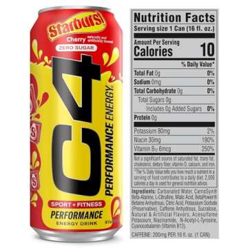 Cellucor C4 Performance Energy Drink | STARBURST Cherry | Zero Sugar Carbonated Preworkout Energy | 200mg Caffeine with Beta Alanine | 16 Fl Oz (12 Pack)