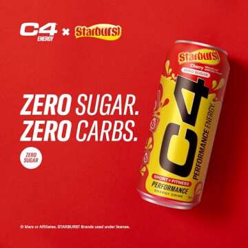 Cellucor C4 Performance Energy Drink | STARBURST Cherry | Zero Sugar Carbonated Preworkout Energy | 200mg Caffeine with Beta Alanine | 16 Fl Oz (12 Pack)