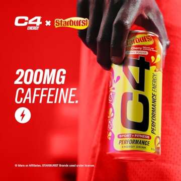 Cellucor C4 Performance Energy Drink | STARBURST Cherry | Zero Sugar Carbonated Preworkout Energy | 200mg Caffeine with Beta Alanine | 16 Fl Oz (12 Pack)