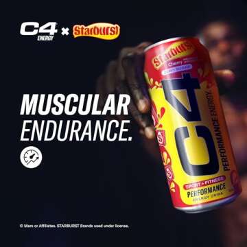 Cellucor C4 Performance Energy Drink | STARBURST Cherry | Zero Sugar Carbonated Preworkout Energy | 200mg Caffeine with Beta Alanine | 16 Fl Oz (12 Pack)