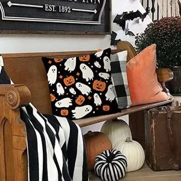 Halloween Pillow Covers 16x16 Inch Ghost Pumpkins Linen Pillowcase Holiday Farmhouse Throw Pillows Indoor Outdoor Couch Cushion Case for Home Sofa Decor