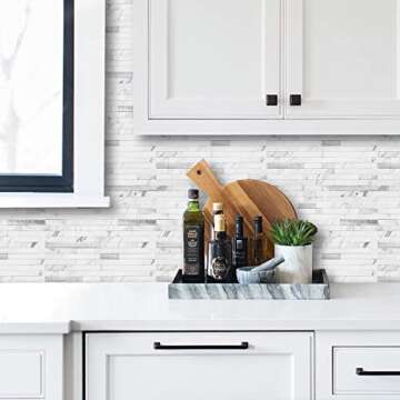 AULIGET 20 Sheets Faux Stone Peel and Stick Backsplash, White Marble Look PVC Wall Tiles Stick on Ba...