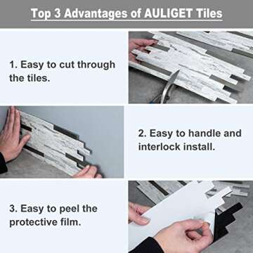 AULIGET 20 Sheets Faux Stone Peel and Stick Backsplash, White Marble Look PVC Wall Tiles Stick on Backsplash for Kitchen