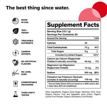 Complement Hydrate Electrolytes Powder Drink Mix - 4 Major Electrolytes for 3x Faster Absorption - Strawberry Lemon Flavor - Vegan, Gluten Free, Non-GMO - 20 Servings