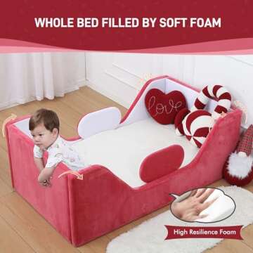 weeonekids Toddler Bed, Child Bed for Kids with Extra Safty Broad, Standard Crib Size Toddler Bed, Certified Fabric Toddler Beds,Toddler Flood Bed (Mixed White/Red)