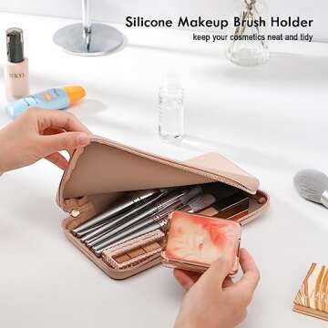 FVION Zipper Makeup Brushes Bag For Travel, Large Silicone Makeup Brush Holder, Make Up Brushes Pouch Case for Makeup Tools - Khaki