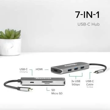 Plugable USB-C Hub 7-in-1, Driverless USB C Hub Compatible with Mac, Windows, Chromebook, USB4, Thunderbolt 4, and More (4K HDMI, 3 USB 3.0, SD & microSD Card Reader, 100W Charging)