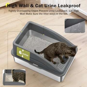 Stainless Steel Cat Litter Box, Extra Large Litter Boxes for Big Cats, Anti-Urine Leakage XL Litter Box with High Sides, Xlarge Metal Litter Box with Lid, Easy Clean, Non-Sticky, Cat Mat & Metal Scoop