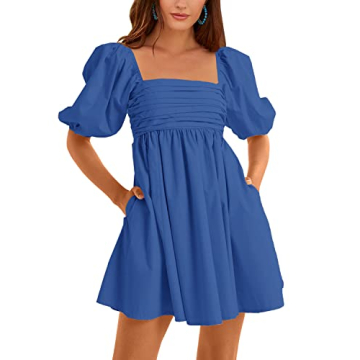 Ebifin Womens Square Neck Dresses Half Puff Sleeve High Waist A-Line Casual Backless Smocked Short B...