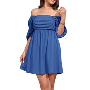 Ebifin Womens Square Neck Dresses Half Puff Sleeve High Waist A-Line Casual Backless Smocked Short Babydoll Mini Dress