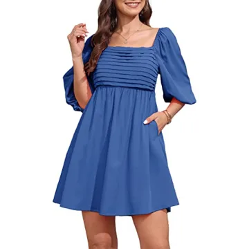 Ebifin Womens Square Neck Dresses Half Puff Sleeve High Waist A-Line Casual Backless Smocked Short Babydoll Mini Dress