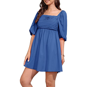 Ebifin Womens Square Neck Dresses Half Puff Sleeve High Waist A-Line Casual Backless Smocked Short Babydoll Mini Dress