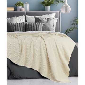 Tex Trend Ivory Waffle Blanket – 100% Cotton Blankets Queen Size – Breathable and Soft for Summer Spring – Suitable for Bed Layering, Sofa and Couch - Ivory (90”x90”)