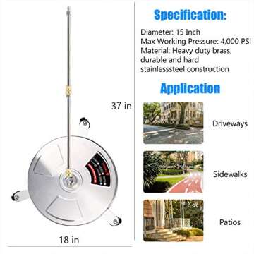 Twinkle Star 15" High Pressure Washer Surface Cleaner with 3 Wheels, Stainless Steel Housing & 1/4" ...