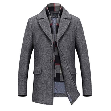 INVACHI Mens Wool Blend Coat Warm Winter Trench Coat with Detachable Soft Scarf Single Breasted Over...