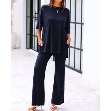 BTFBM Women 2 Piece Outfits Casual Loose Slit Short Sleeve Top Wide Leg Pants Matching Lounge Sets Tracksuit With Pocket(Solid Navy, X-Large)