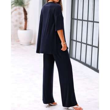 BTFBM Women 2 Piece Outfits Casual Loose Slit Short Sleeve Top Wide Leg Pants Matching Lounge Sets Tracksuit With Pocket(Solid Navy, X-Large)