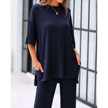 BTFBM Women 2 Piece Outfits Casual Loose Slit Short Sleeve Top Wide Leg Pants Matching Lounge Sets Tracksuit With Pocket(Solid Navy, X-Large)