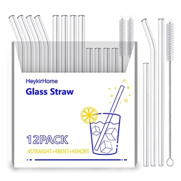 HeykirHome 12-Pack Reusable Glass Straws - Eco-Friendly Glass Drinking Straws with Cleaning Brushes,...