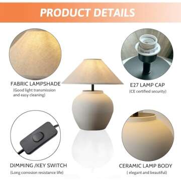 Farmhouse Table Lamps Black 18.8" Tall Ceramic Table Lamp Rustic Southwestern Clay Pot Ceramic Lampshade with Fabric Shade Bedside Nightstand for Living Room Bedroom House Office Entryway (White)