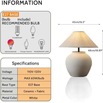 Farmhouse Table Lamps Black 18.8" Tall Ceramic Table Lamp Rustic Southwestern Clay Pot Ceramic Lampshade with Fabric Shade Bedside Nightstand for Living Room Bedroom House Office Entryway (White)