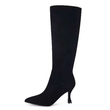 Stylish Coutgo Women's Kitten Heel Knee High Boots Black
