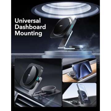 ESR for MagSafe Car Mount Charger, Foldable Dashboard Magnetic Wireless Car Charger for Tesla, for MagSafe Car Charger, Tesla Touchscreen Car Phone Holder for iPhone 15/14/13/12, Strong Magnets, Black