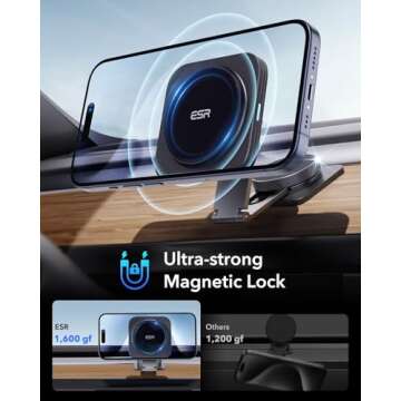 ESR for MagSafe Car Mount Charger, Foldable Dashboard Magnetic Wireless Car Charger for Tesla, for MagSafe Car Charger, Tesla Touchscreen Car Phone Holder for iPhone 15/14/13/12, Strong Magnets, Black