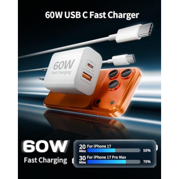 60W USB C Fast Charger for iPhone 17/Air Pro/17 Pro Max, 3-Pack Super Fast Charging