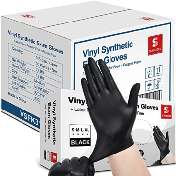 Schneider Black Vinyl Exam Gloves, 4mil, Disposable Latex-Free Gloves for Medical and Food Prep - 10...