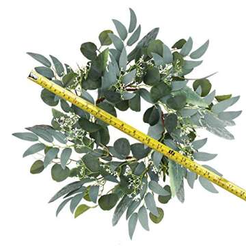 Artificial Green Eucalyptus Wreath,15 inches Greenery Wreath with Clusters of White Flowers Mini Spr...
